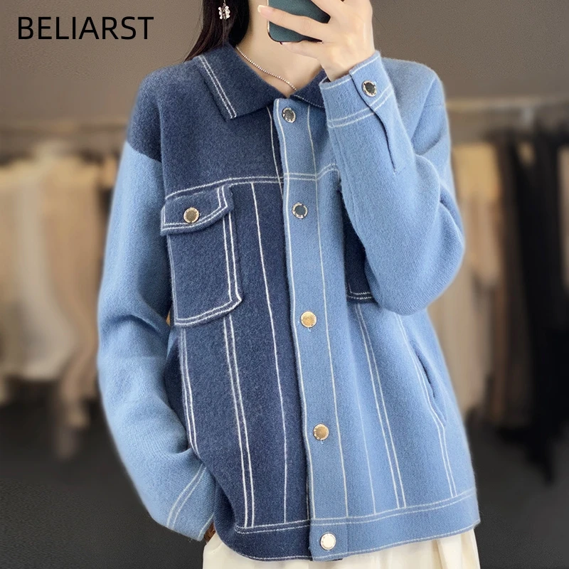 Cashmere Coat Women\'s Clothing PoLo Collar Cardigan 100% Merino Wool Knit Color-block Top Fashion Korean Luxury Jacket Shirt