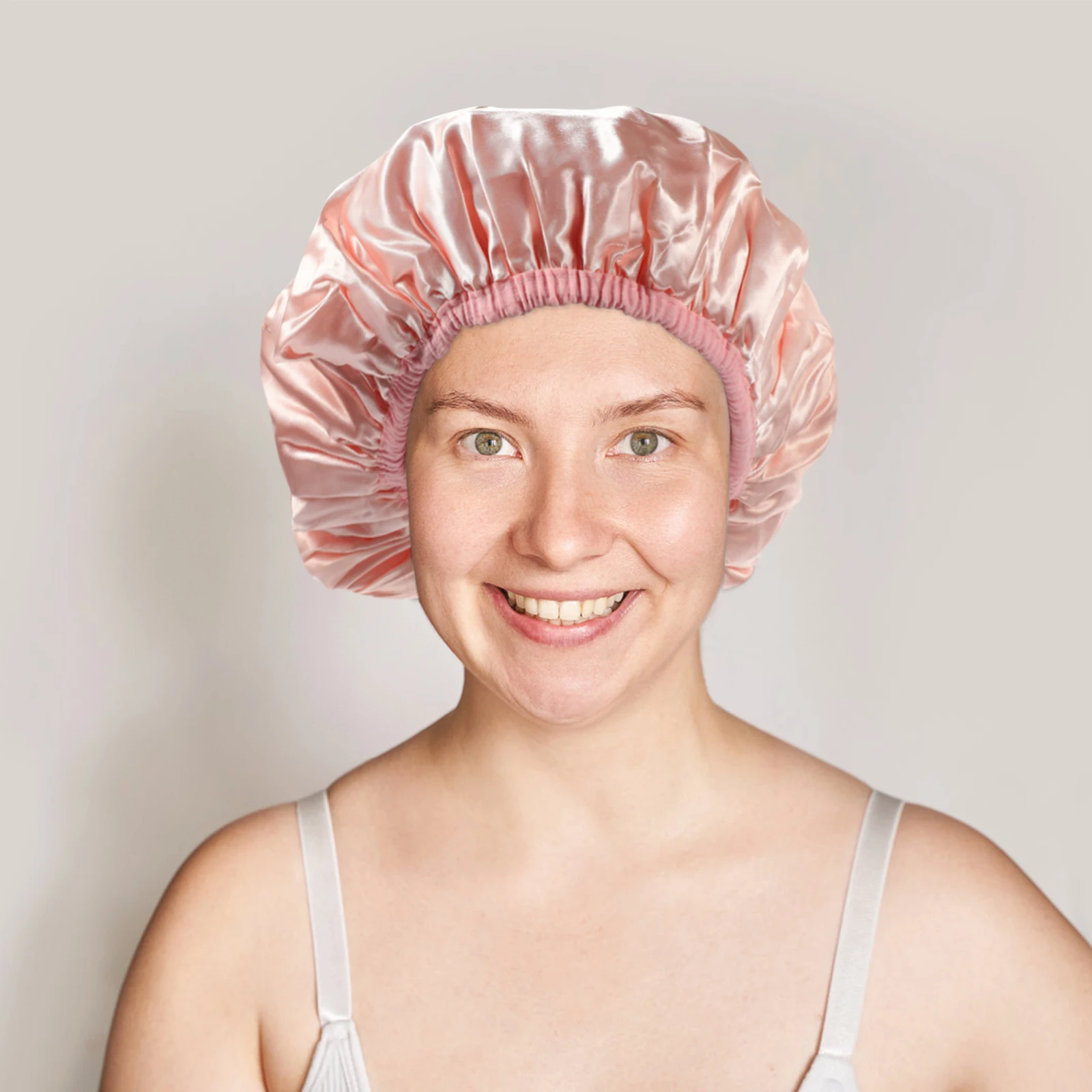 

Three Layer Shower Cap Pink Reusable Hair Cover Quick Dry Large Waterproof Satin PEVA Microfiber Women Braids Bathing Home