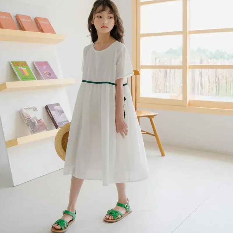 

Kids Girls 2022 Summer Solid Color Party Princess Costumes Dresses Children Clothes Fashion Casual O-neck A-line Long Dress P08