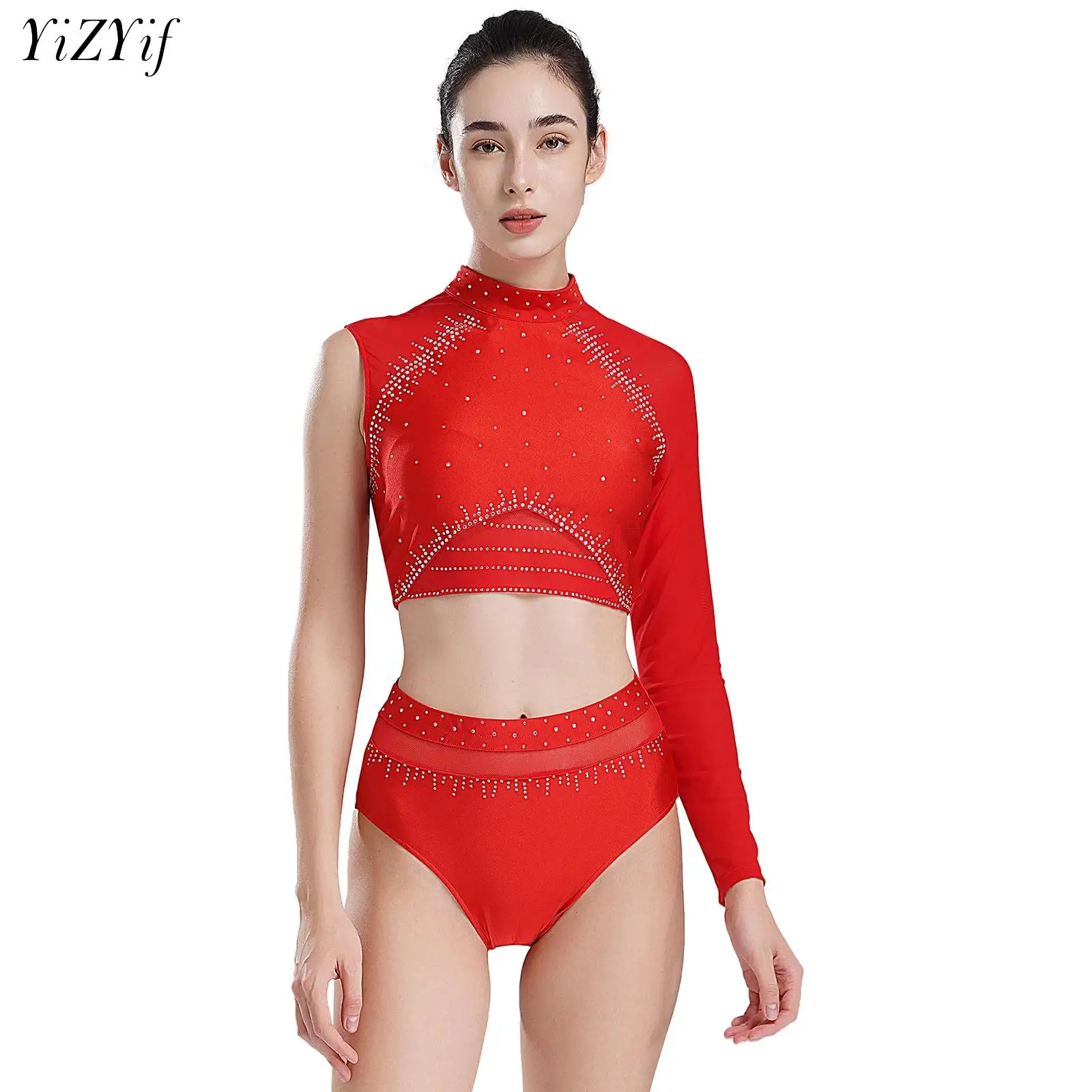 

Women Ballet Dance Set Gymnastics Figure Skating Competition Costume Dancewear Shiny Rhinestones Sheer Mesh Crop Top with Briefs