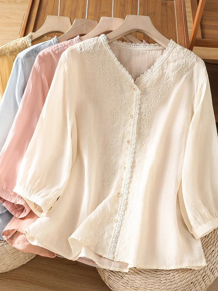 

New Chinese Style Embroidered Lace Hemp Shirt Women Summer Super Beautiful Fashionable Anti-Aging Cotton Linen Seven-Sle...