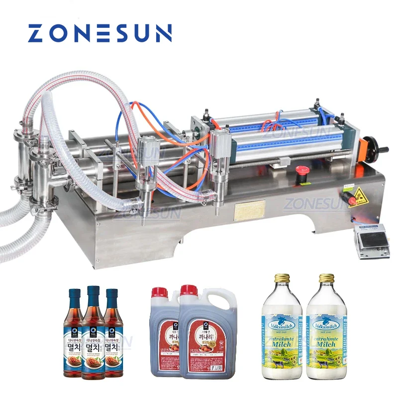 

ZONESUN Fully Pneumatic Liquid Filling Machine 2 Heads Beverage Packaging Filler Juice Food Cosmetics Production ZS-YT2