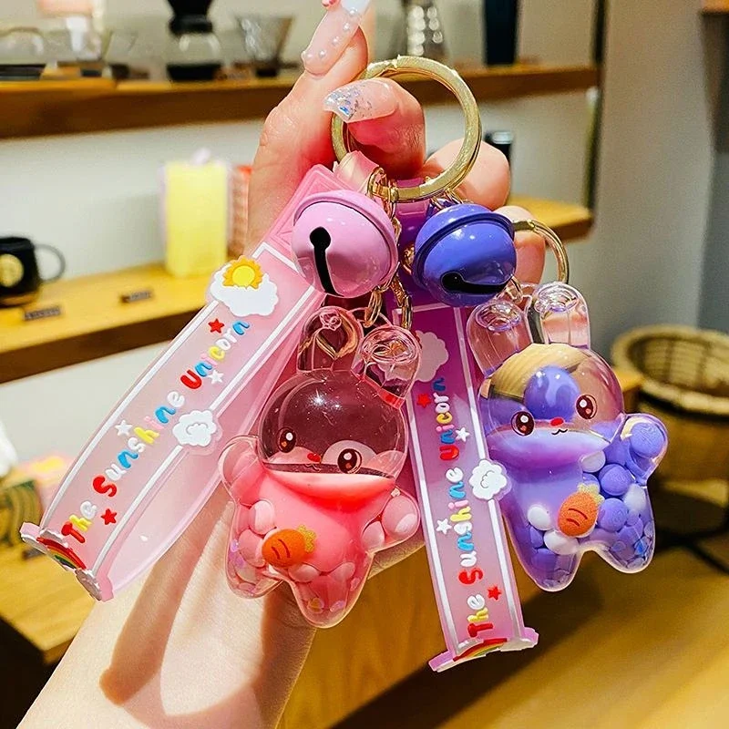 Creative Baby Bottle Style Keychain Glitter Quicksand Liquid Floating Rabbit Doll Keyring Ladies Backpack Key Pendant Gift