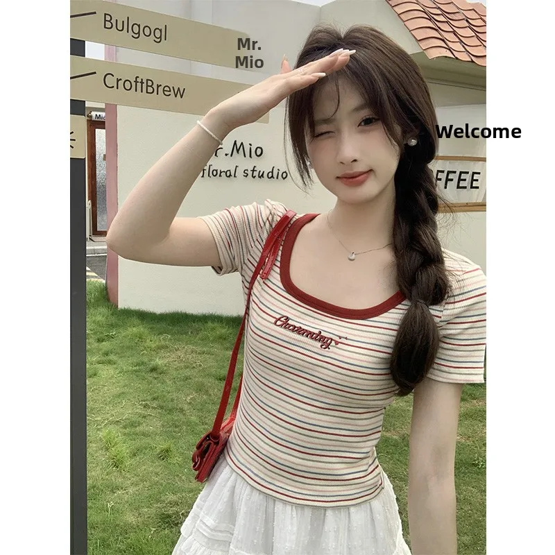 Retro American Color Block Stripe Square Neck Short Sleeve T Shirt Women Summer Slimming Sexy Short Style Small Top