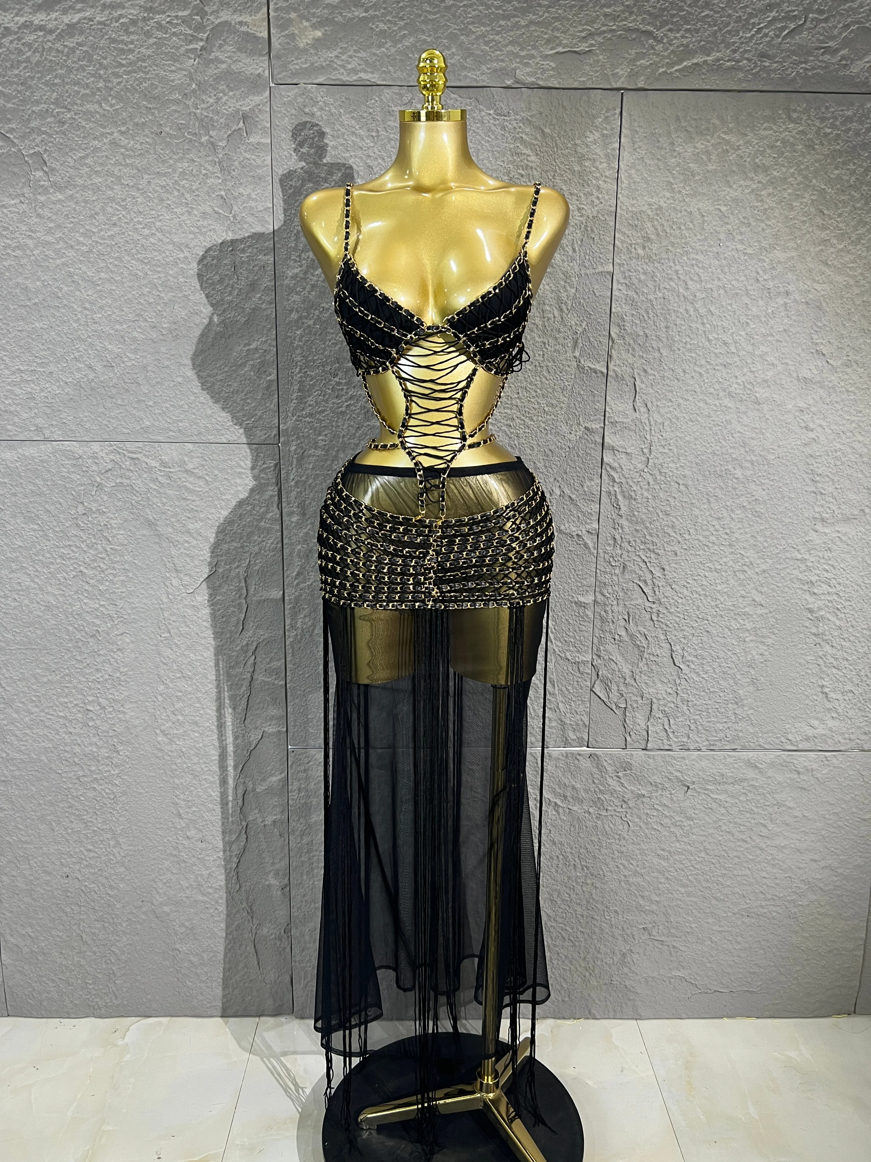 Women Black Chain Tassel Mesh Two PieceOutfit Spaghetti Strap Top See ThroughMaxi Skirt Singer Stage Costume NightclubParty Dres