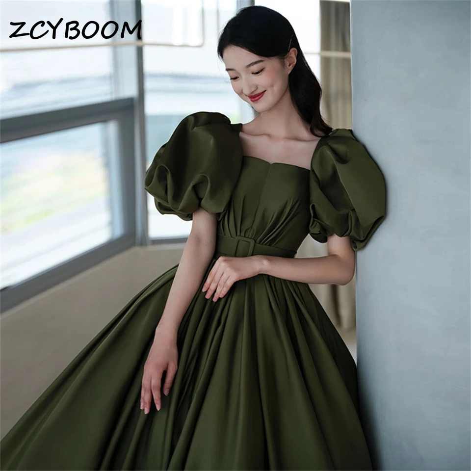 

Customized Simple Square Neck Puff Sleeves sashes A-line Satin 2024 Formal Evening Dresses Sweep Train Party Dresses Prom Dress