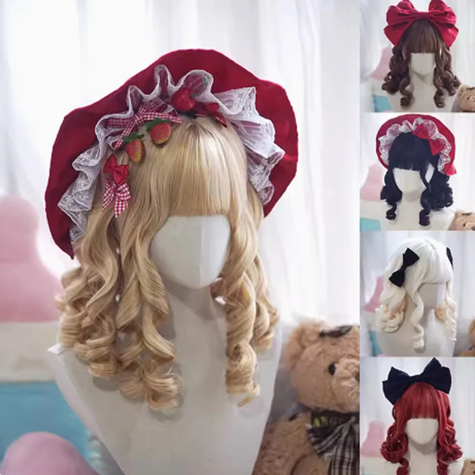 Roman CurlySynthetic Lolita Curly Hair With Bangs Red Golden Anime Wig Oberl Woman Party Cosplay WigFrench Noble Elegant