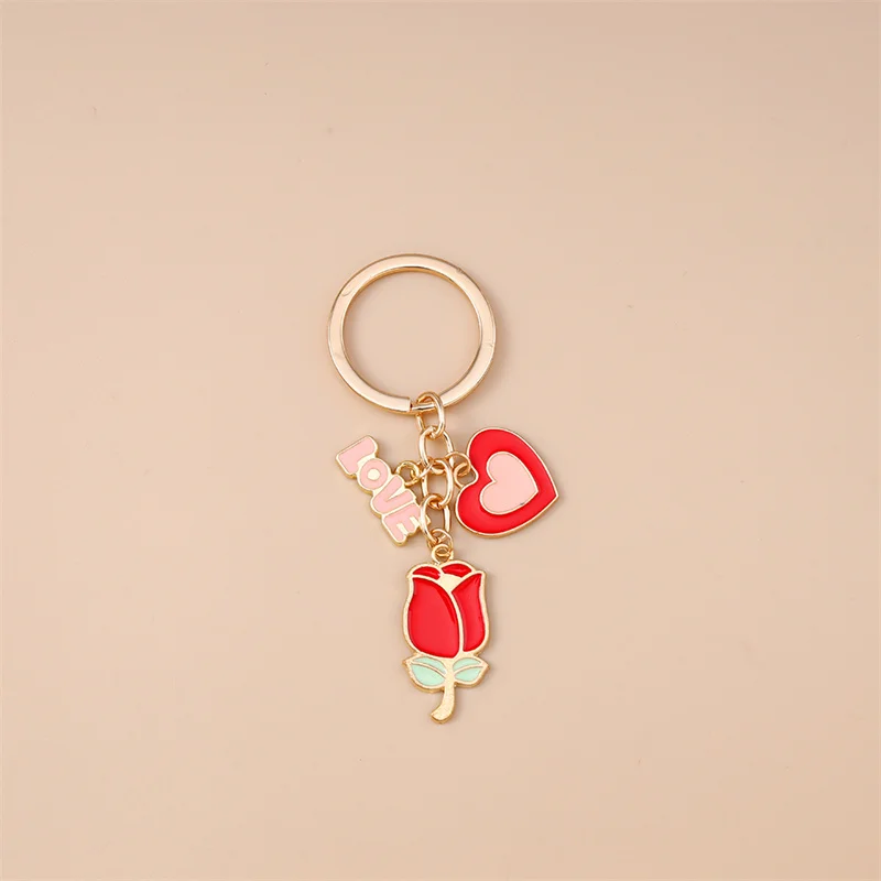 Niedlicher Schlüsselanhänger mit Herz, Emaille-Lippen und Rose für Damen und Herren, Auto-Schlüssel, Handtaschen-Anhänger, Schlüsselketten, DIY-Accessoires – Detail 2
