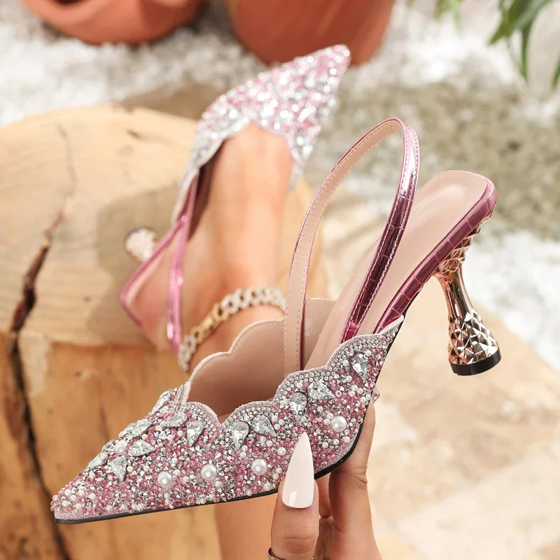 

Aneikeh Elegant Fashion Pointed Toe Women Slingbacks Pumps CRYSTAL Diamond Pearl Stripper Thin High Heels Party Prom Shoes