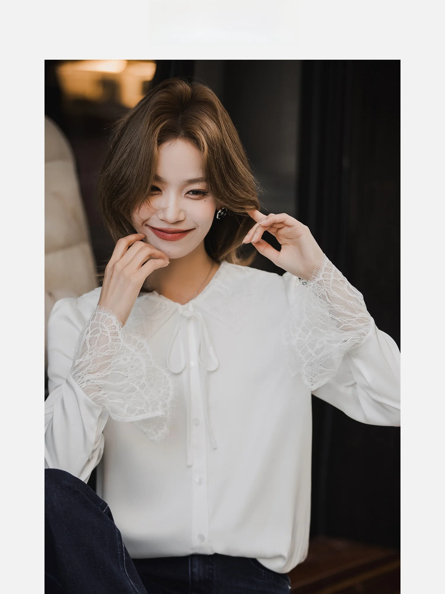 

Ruffle Trim Blouse Women's Spring Sle Acetate Double-Sided Satin Belted Korean Straight Cut Long Sve Breathable irt