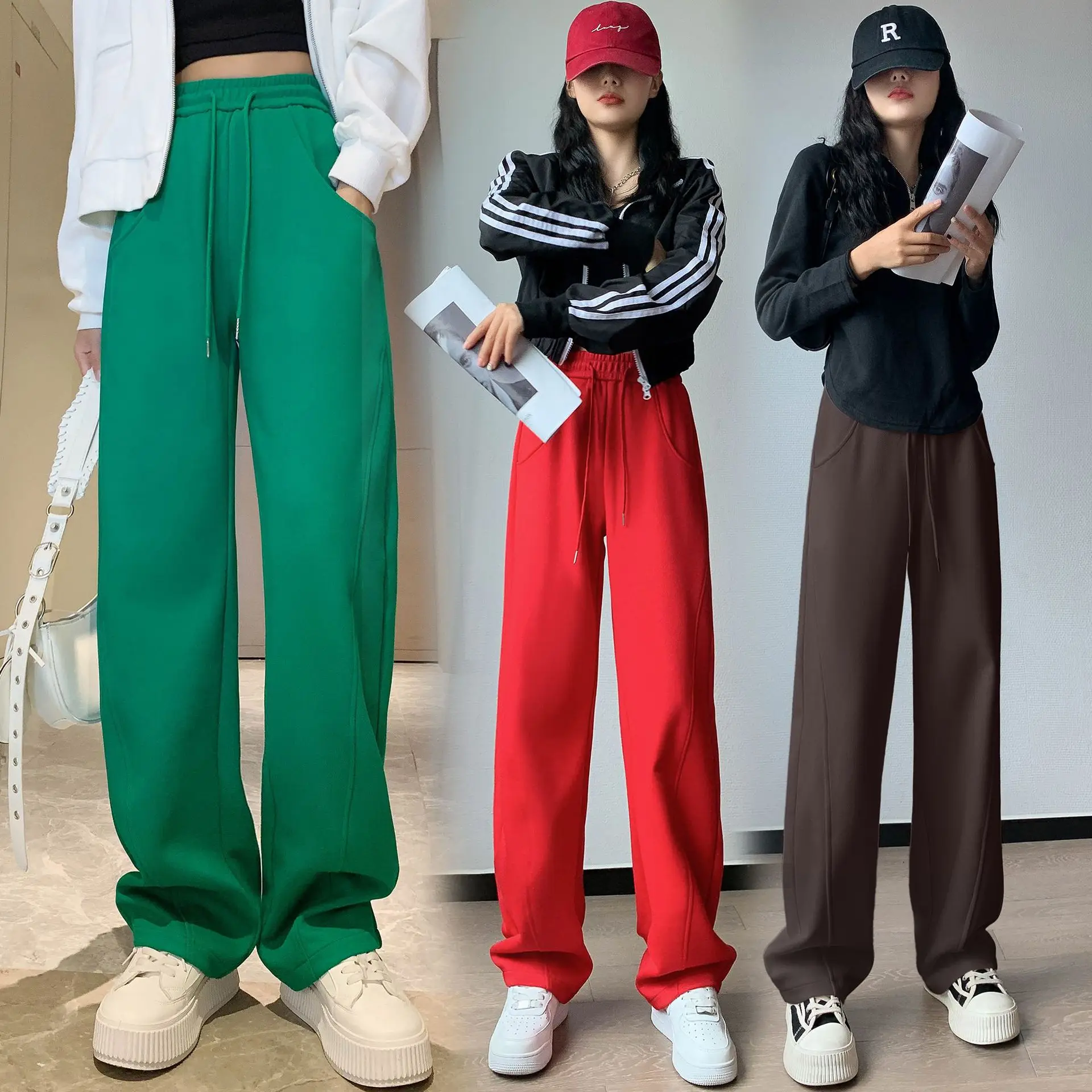 

Women's Sweatpants 2022 Autumn Winter Solid Color Loose Ladies Trouser Fashion High Waist Pockets Female Street Straight Pants