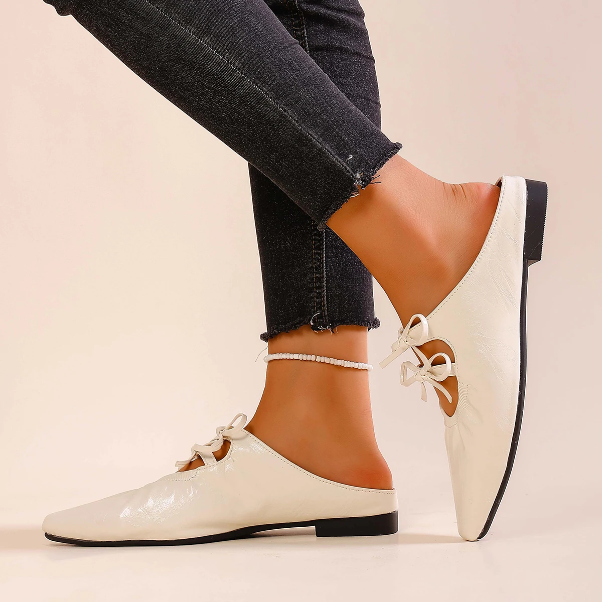 حذاء نسائي مريح متعدد الاستخدامات بفيونكة مدببة وقدم واحدة نصف قابل للانزلاق #4