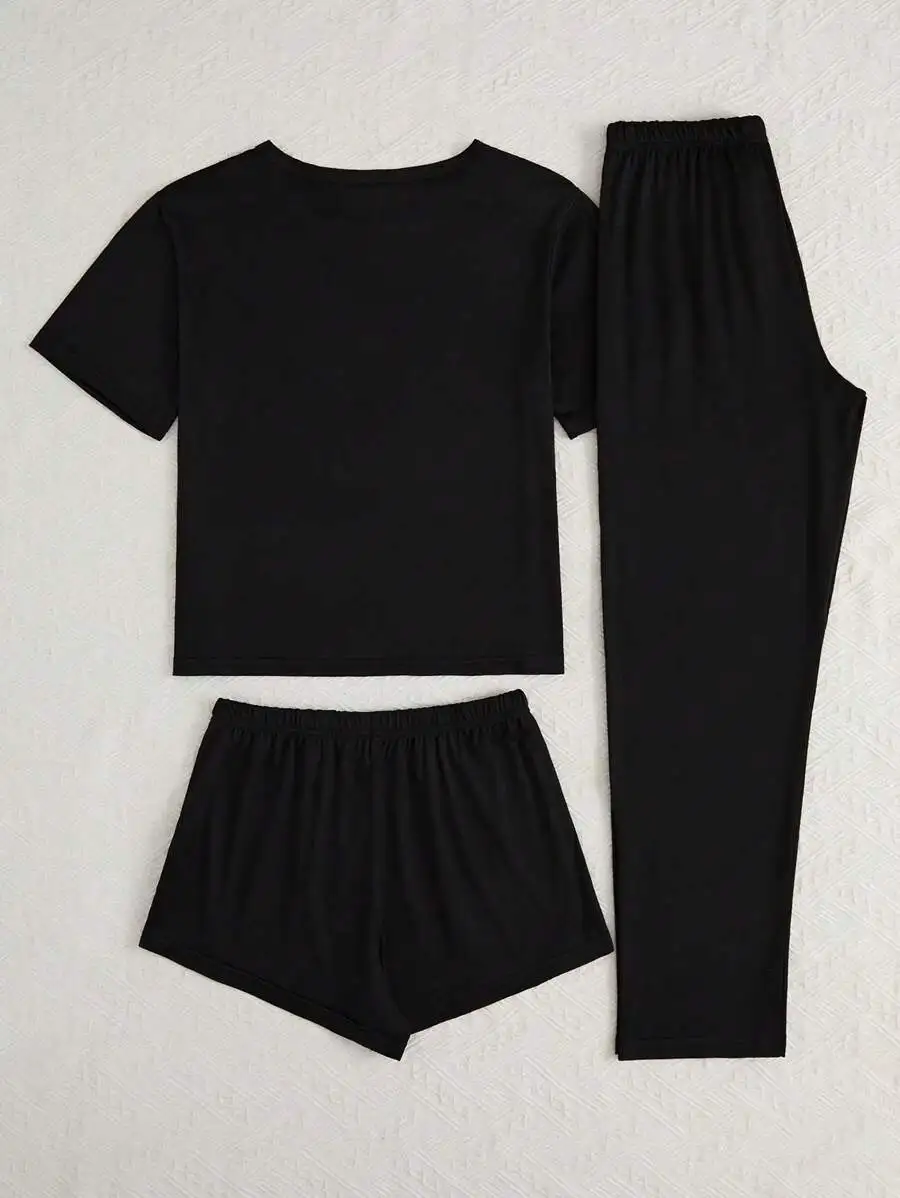 

Womens 3-Piece Pajama Set With Letter Print, Short Sleeve Top, Shorts And Long Pants