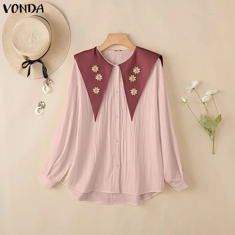 VONDA Fashion Floral Embroidery Shirts Women Long Sleeve Lapel Elegant Blouses Spring Casual Loose Tunic Tops Vintage Blusas