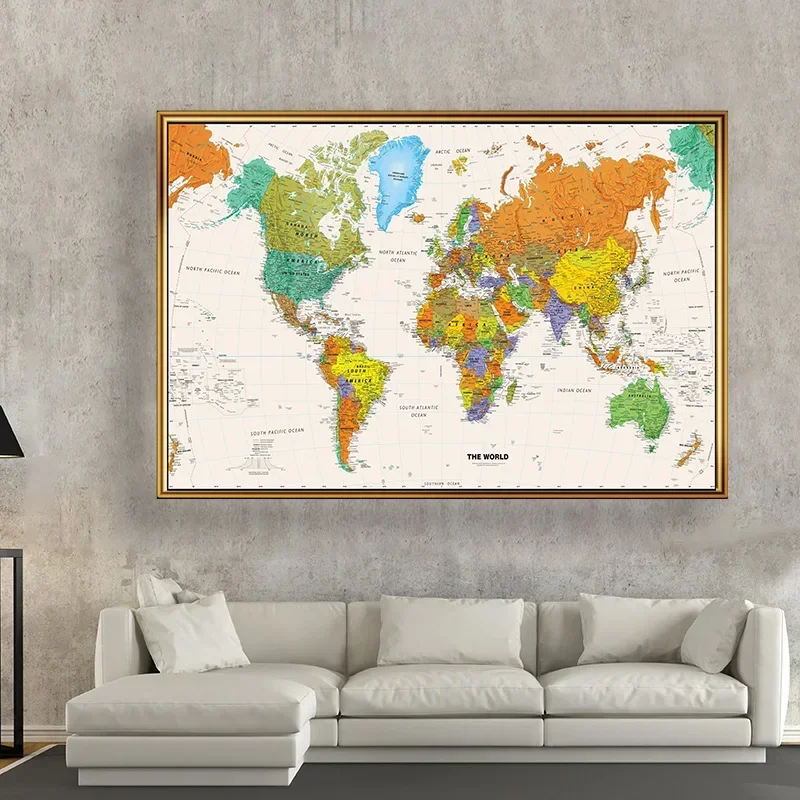 Mapa físico del mundo en inglés, 225x150cm, arte de pared, cartel de enseñanza, decoración, mapa, sala de estar, suministros escolares para el hogar