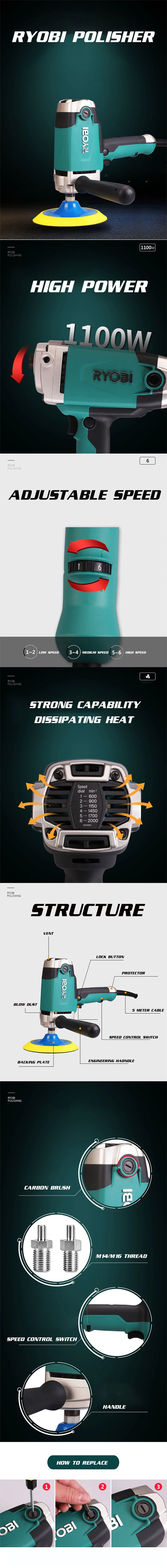 Elektrische Auto Polijstmachine Machine 220V 600-2400 Rpm 1000W Auto Polijstmachine 6 Speed Polijstmachine