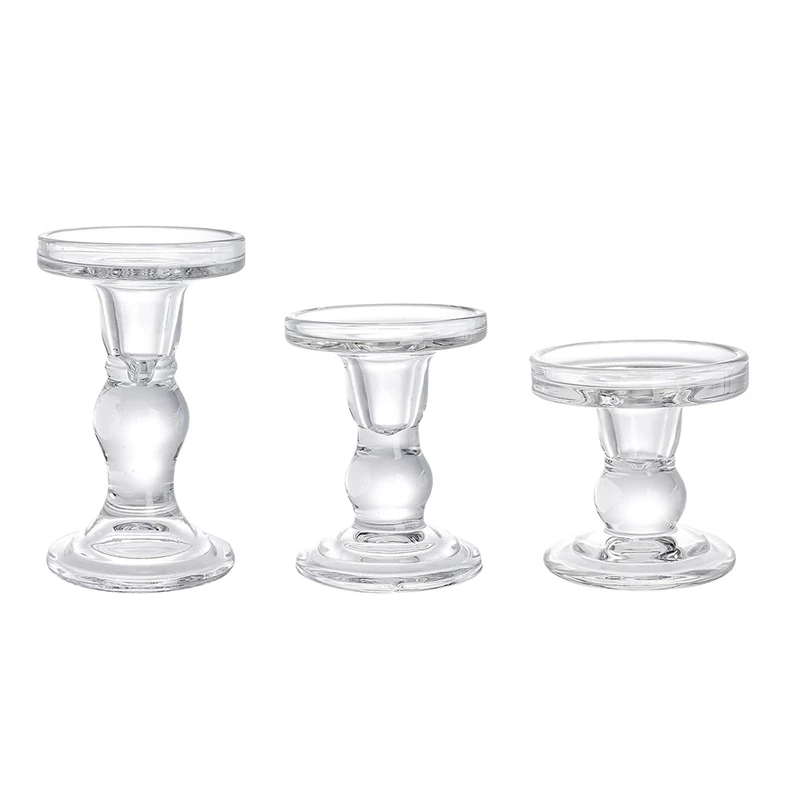 Glass Candle Holders, Clear Pillar Taper Candlestick Crystal Candle Holder Stand For Dinner Table 3Pcs Durable Easy To Use