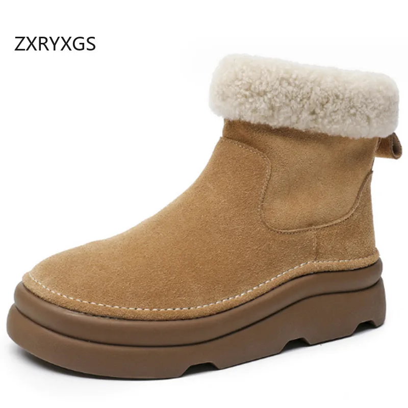 ZXRYXGS Premium Frosted Cowhide Lamb Wool Boots Warm Comfort Snow Boots Cotton Shoes Woman New 2024 Winter Genuine Leather Boots