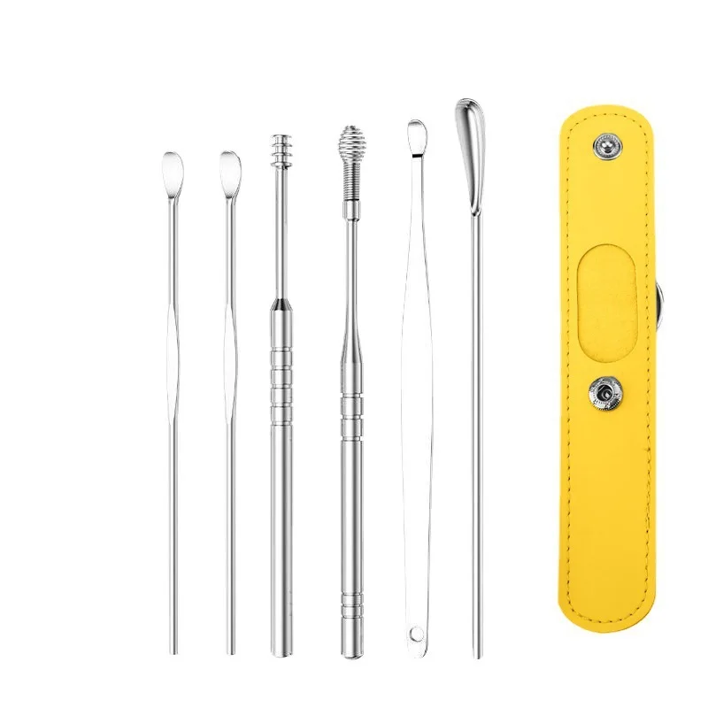 

Персональные средства для чистки ушей, портативный набор из 6 предметов для путешествий, набор совок для ушей из нержавеющей стали с сумкой для хранения из искусственной кожи, набор инструментов для удаления ушной серы