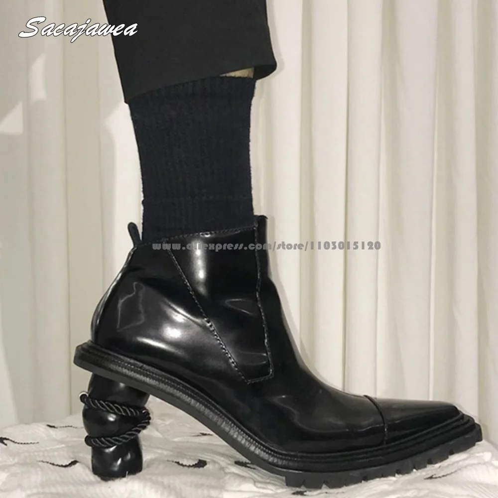 

Patent Leather Side Zipper Strange Heel Boots Pointed Toe Platform Sexy Office Lady Ankle Chelsea Boots Size 35-40 Casual Shoes