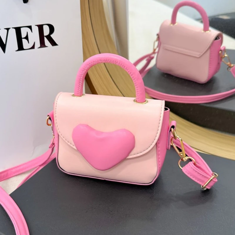 Contrast Colour Heart Girls Small Square Shoulder Bag PU Leather Baby Kids Crossbody Bags Sweet Children's Portable Coin Purses