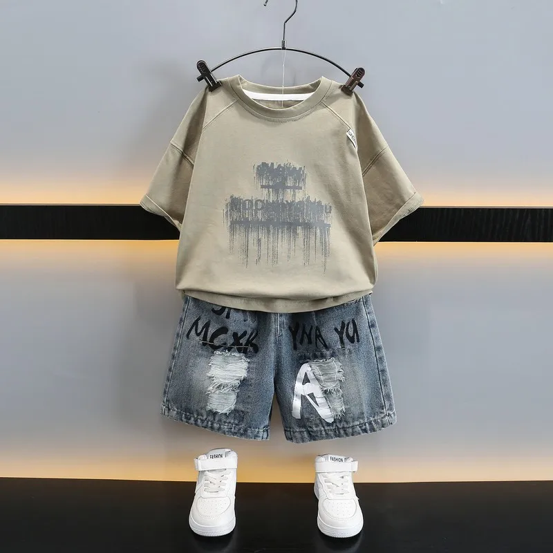 Summer Baby Boy Clothes Set Children Comfort T-shirts and Denim Shorts 2pcs Suit Kids Casual Top Bottom Tracksuits 90-170cm