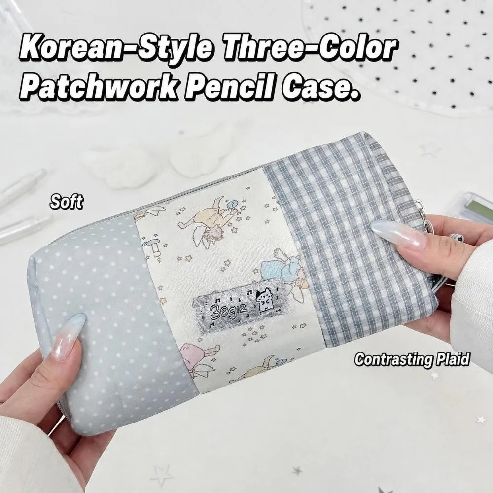 Durable Patchwork Pencil Case Floral Plaid Splicing Large Capacity Pen Bag Stationery Pouch Gift
