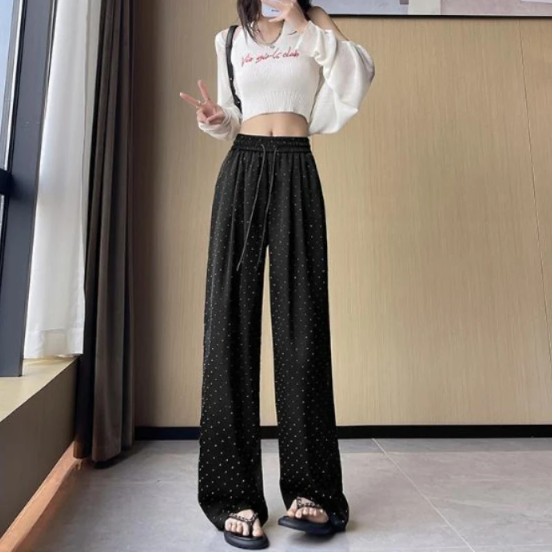 

New wide-leg pants women's summer high-waisted satin elastic and drape casual loose floor pants