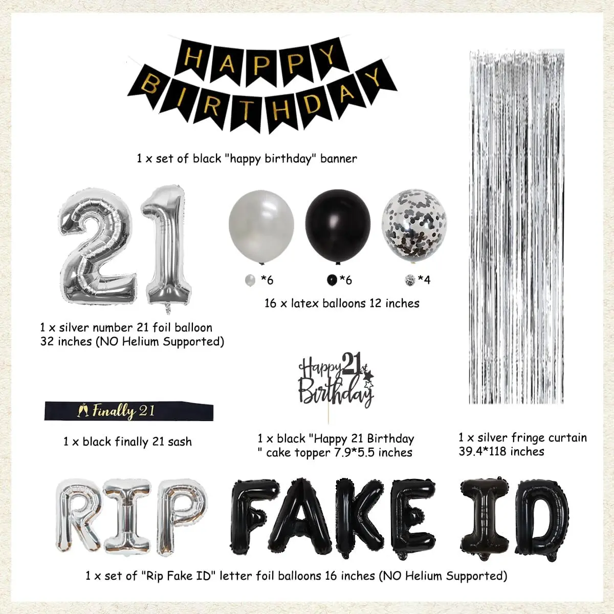 Sursurprise 21st Birthday Decorations,Black and Silver Rip Fake Id Banner Finally 21 Sash Whiskey Bottle Cup Balloon