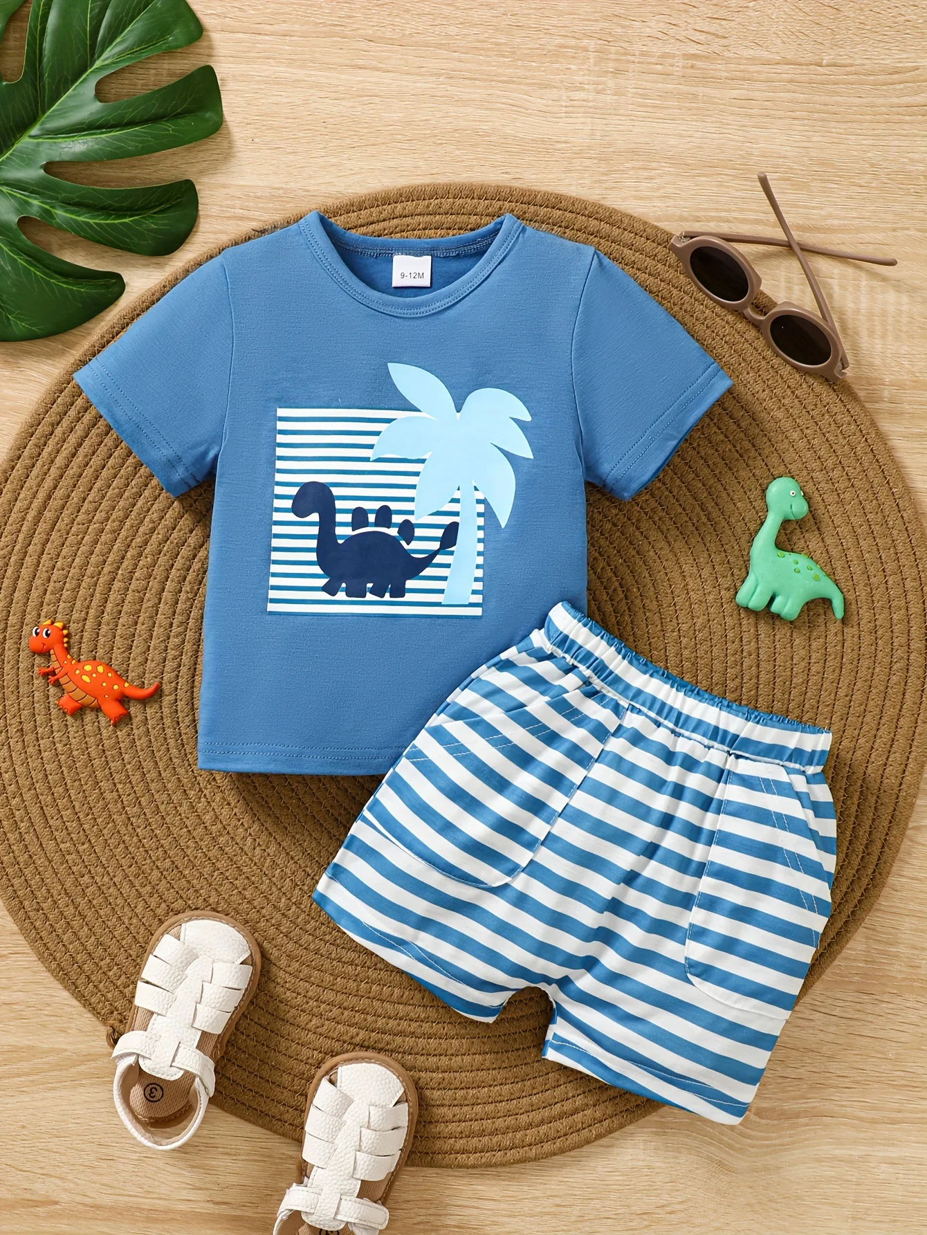 Fashion Summer Baby Boy 2PCS Outfit Dinosaur Print T-Shirt & Striped Shorts Casual Set for Toddler Newborn 0-3Y Casual Wear