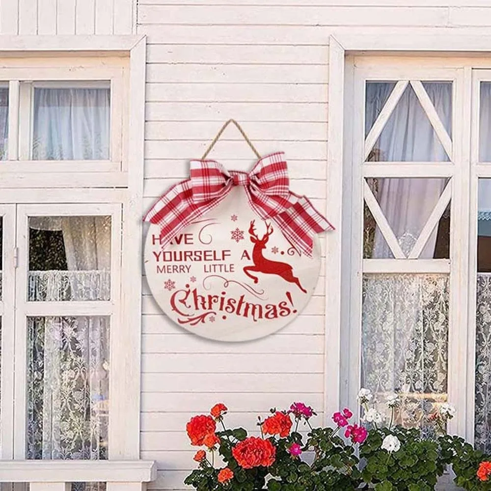 

Cafe Elk Wooden Christmas Pendant Bow Handmade Door Hanging Ornaments Round Polyester Christmas Door Decoration Bar