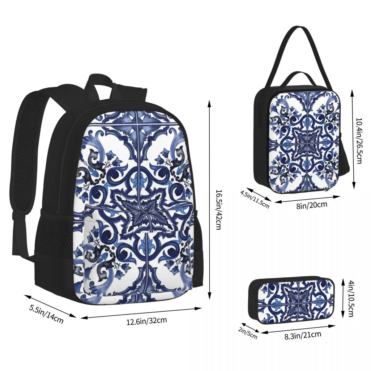 

Blue Ornate Floral Mediterranean Sicilian Tile Backpacks Bookbag Students School Bags Kids Lunch Bag Pen Bag Three-Piece Set