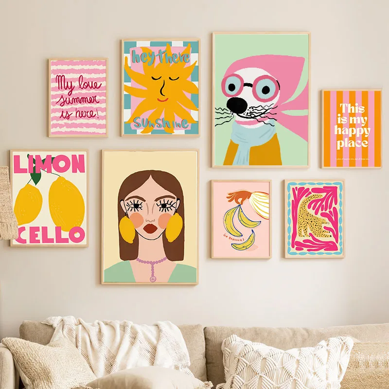 Fashion Girl Dog Vase Flower Lemon Abstract Posters And Prints Wall Art Canvas Painting Picture Hotel Bar For Living Room Decor