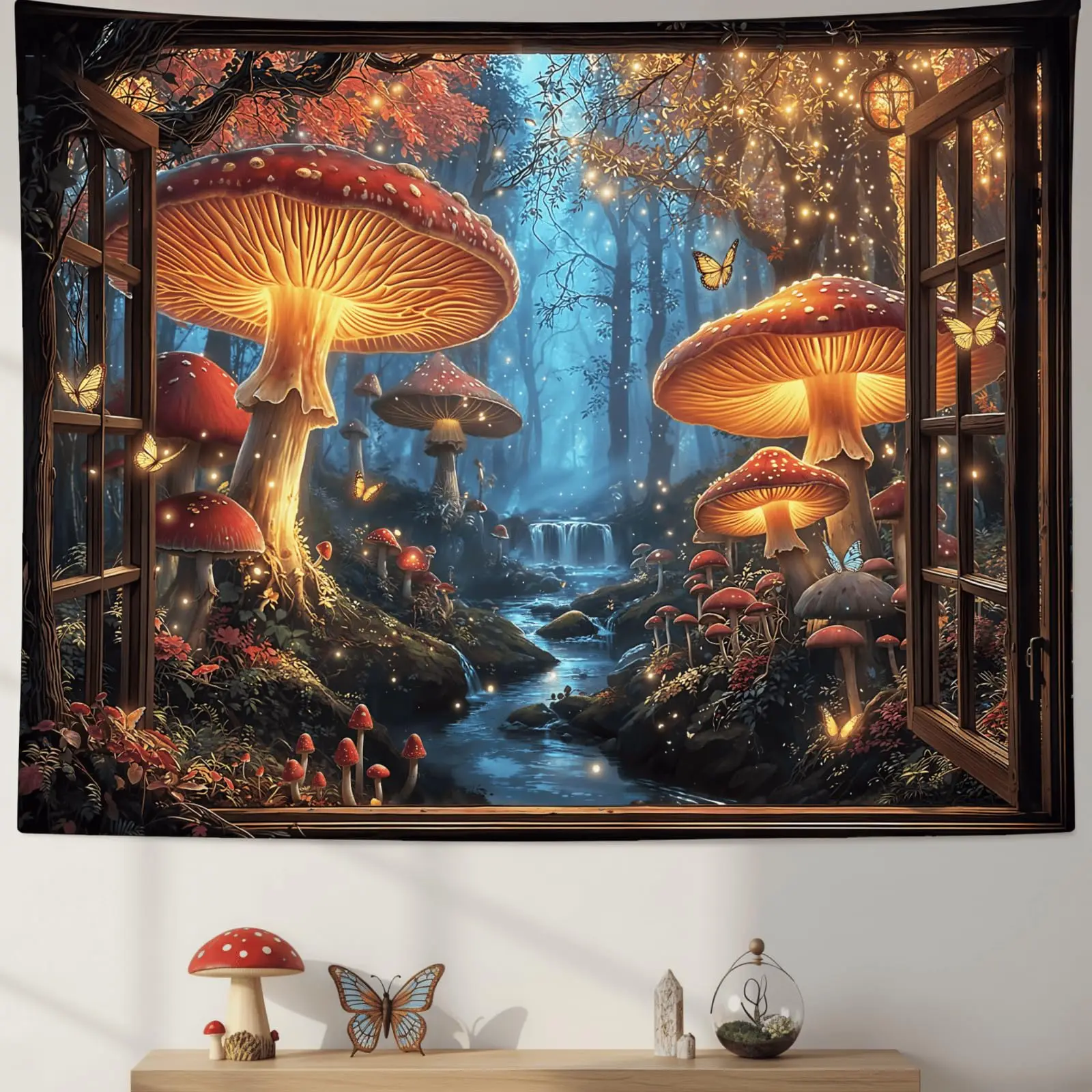 1PC Window Forest Red Brown Nature Print Tapestry, Boho Style, Bedroom Living Room Wall Hanging, Polyester, Home Decor, Wall Art