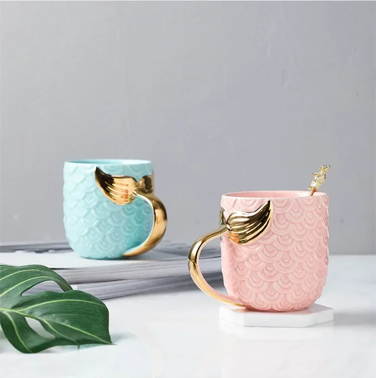 Beauty Mermaid Handle Mug Large Capacity Tea Milk Cup Gold Tail Coffee Drinkware 350ML