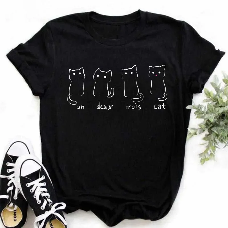 Maycaur Cats Print Summer Cute Women Tshirt Funny Cartoon T Shirt Female Ullzang T-shirt 90s Fashion Korean Style Top Tee