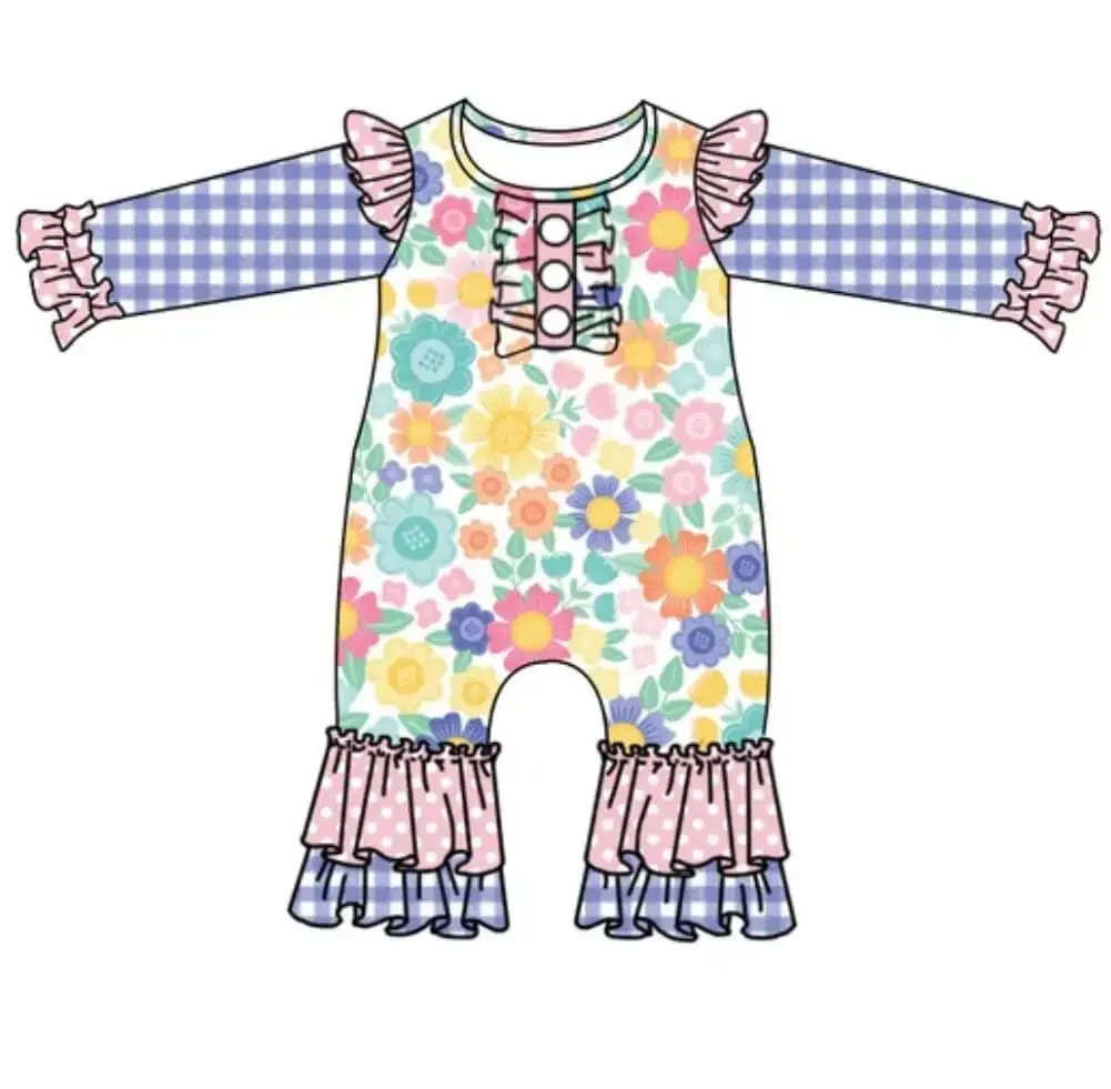 New Children's Clothes Baby Girl Long Sleeve Suit Purple Plaid Print Pink Spot Clothes Flower Print New Product Hot Sale