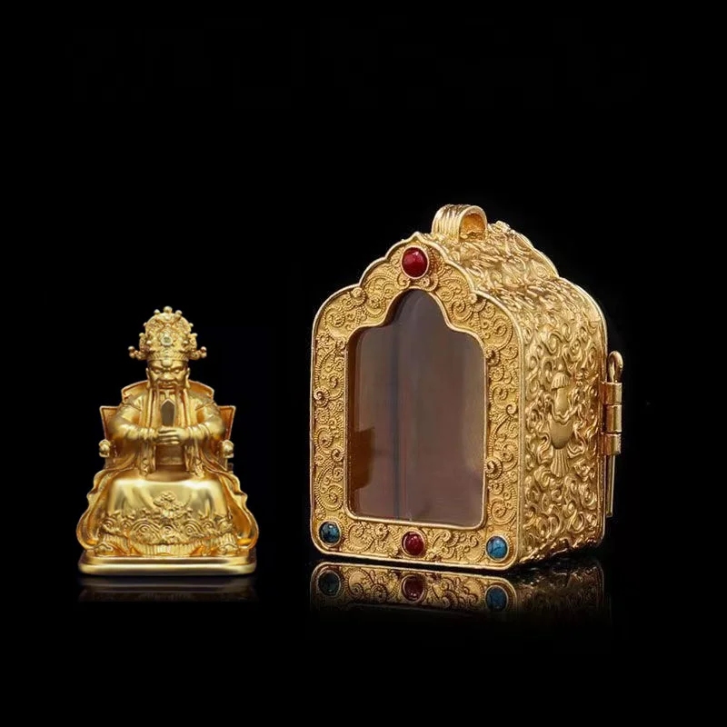Tibetan Portable Copper Ga'u Box with Wutai Mountain Dragon Fifth Buddha Wealth God Gilded Pendant Mini Altar Shrine Amulet