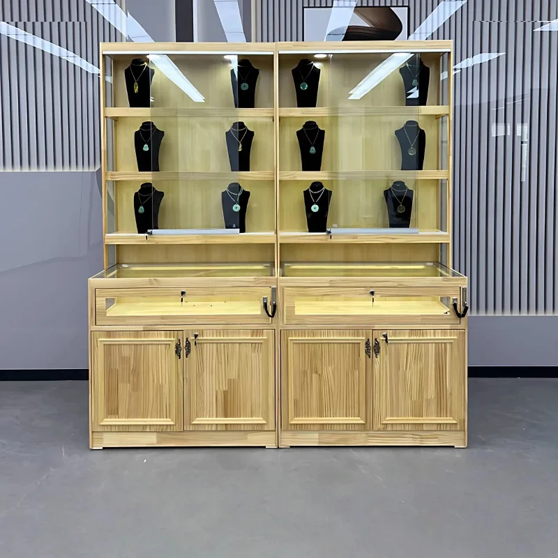 custom.Custom Luxury Jewelry Display Walnut Solid Wood Curio Cabinet LED Lighting Varnished Heavy Duty Ladder Shelf