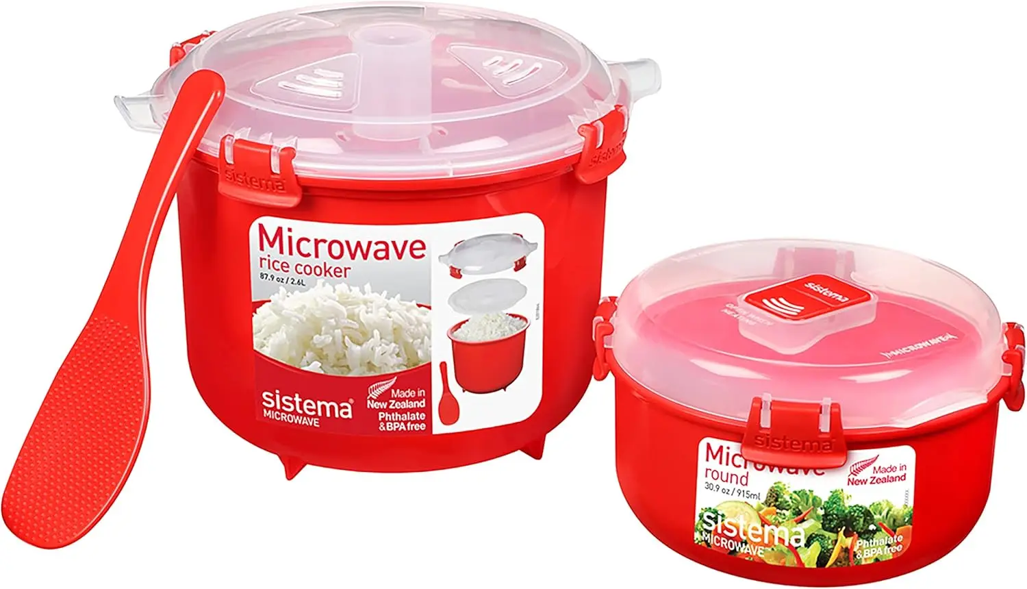 

Microwave Rice Cooker & Round Microwave Food Container Set | 2.6L, 915ml | Food Containers with Steam-Release Vents | BPA