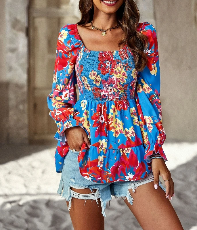 Autumn New Top Square Collar Long Sleeved Shirt Feminine Casual Printed Top Off Shoulder Sexy Elegant Long Sleeved Top