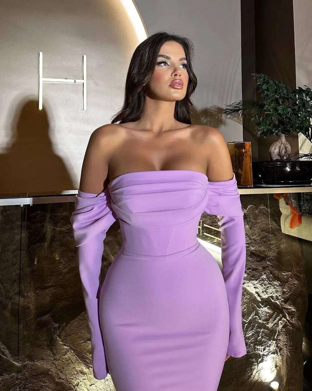 Fnoexw Elegant Purple Mermaid Evening Dress Dubai Elastic Satin Prom Dress Arabic Lace Up Back Full Sleevs Formal Party Dress