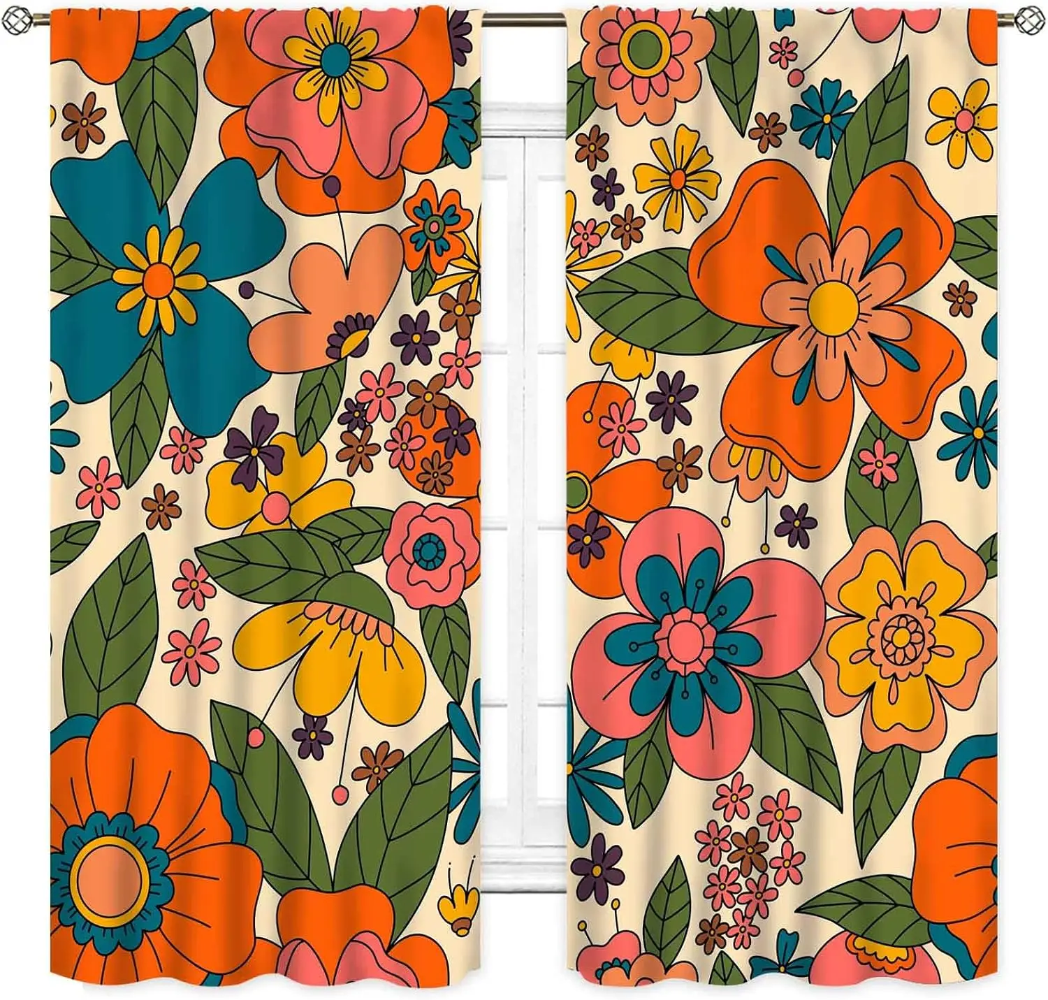 Funky Floral Curtains, Retro Vintage 60S 70S Hippie Groovy Boho Floral Flower Trippy Modern Aesthetric Window Curtains Drapery