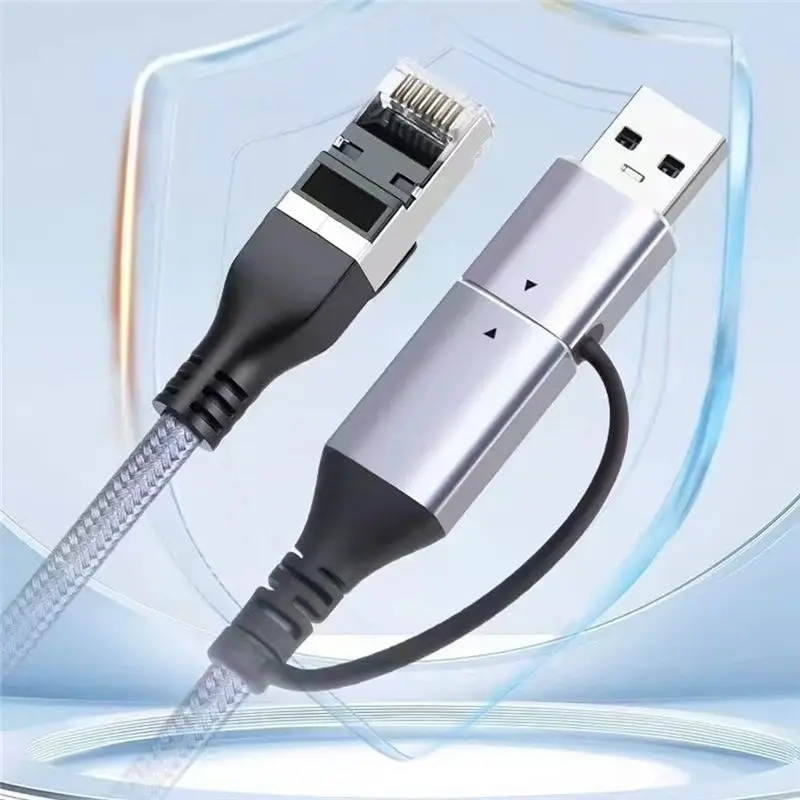 X64A-Gigabit Ethernet Cable Type-C/USB3.0 2-In-1 To RJ45 Braided Rope Network Interface Cable For Laptop