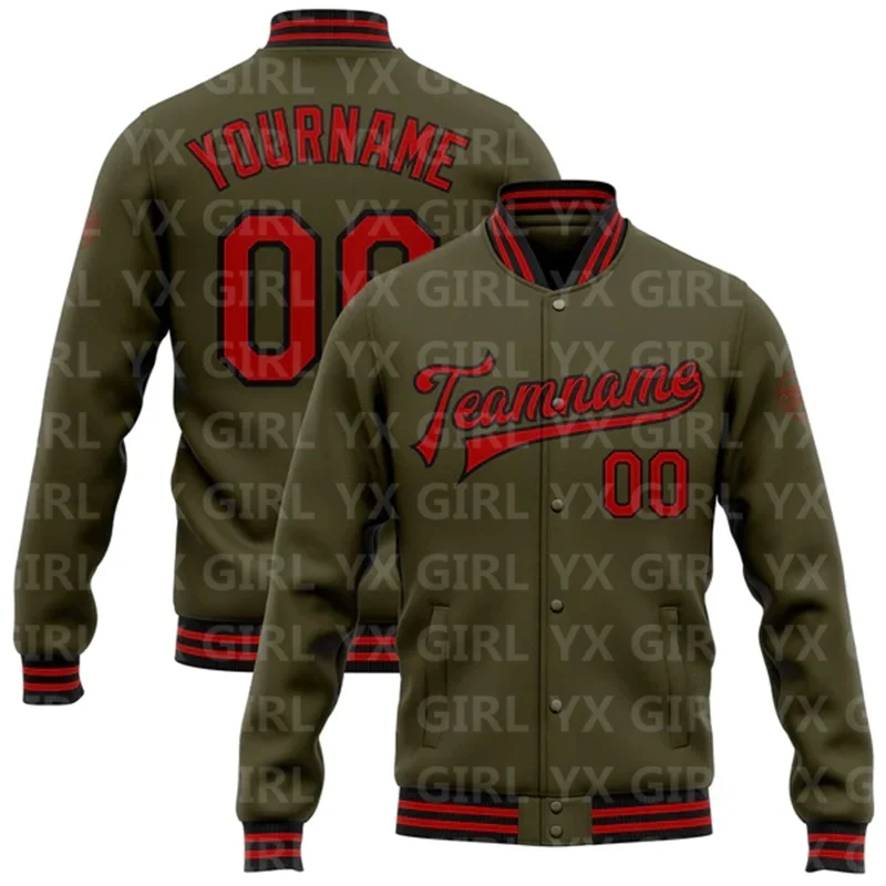 

Custom Olive Red-Black Bomber Full-Snap Varsity Letterman Salute To Service Jacket 3D Printed Baseball Button Jacket