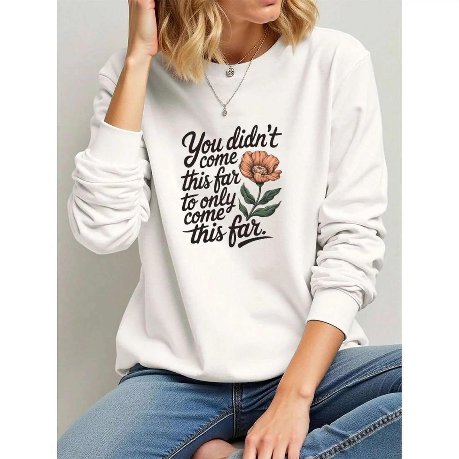 

Pullovers O-Neck Sweatshirts For Woman Long Sleeve Velvet Winter Casual Positive Words Floral Print Sweatshirt