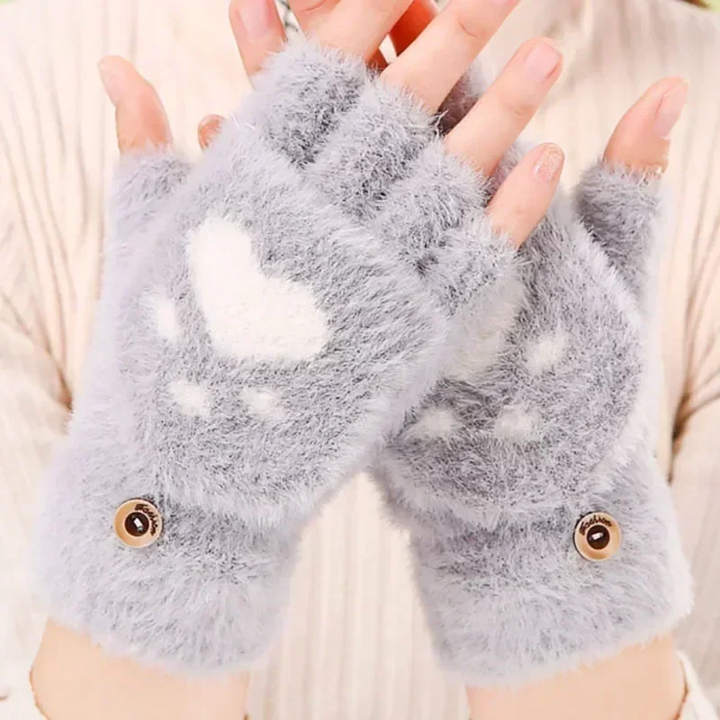 2024 New Cartoon Cat Paw Gloves Fingerless Flip Mittens Winter Warm Fleece Touch Screen Gloves Flip Knit Mittens for Women Girls