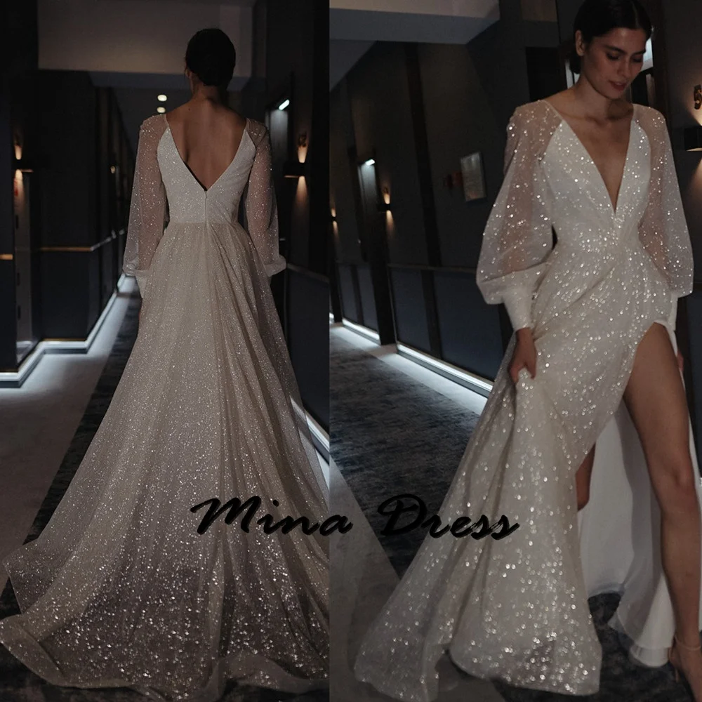 Mina Customized Backless Prom Dresses 2024 Sequins Gala Dress Es V-neck Slit Robe De Soiree Femmes Wedding Party Dress Evening