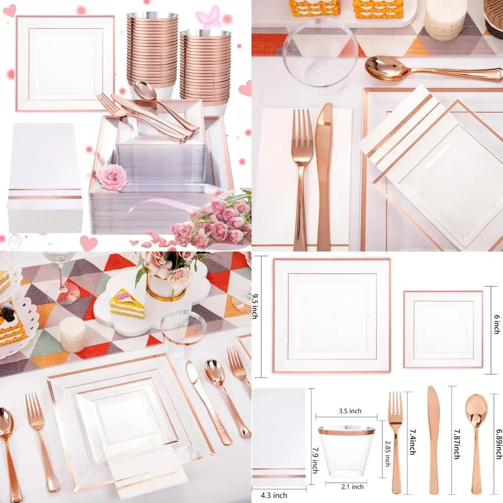 

Набор одноразовой столовой посуды розового золота на 50 гостей: 100 тарелок, 50 чашек и 50 пластиковых тарелок в виде прозрачного розового золота.