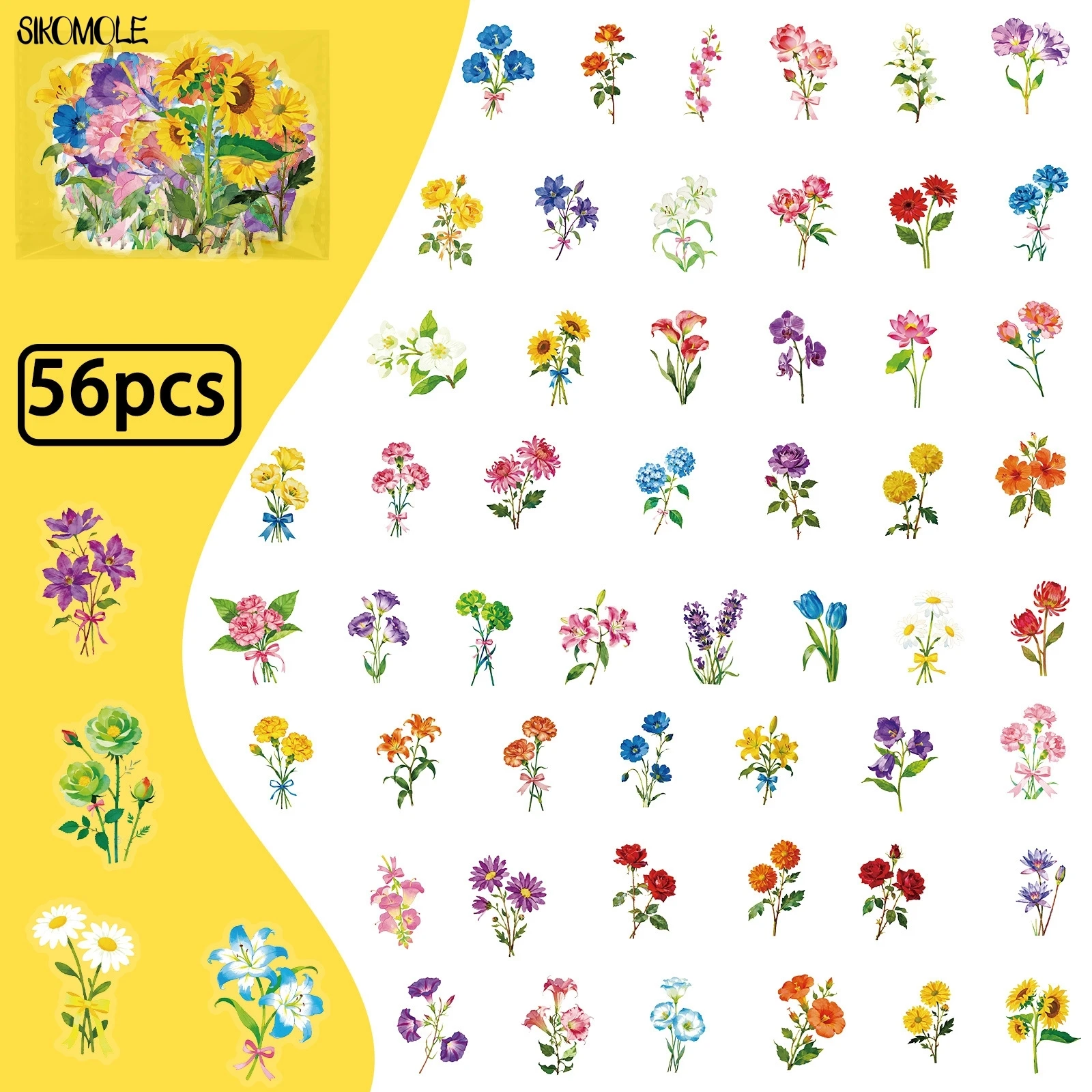 56pcs Transparent Cartoon Colorful Flower Graffiti Stickers Pack Waterproof PET Bookkeeping Material Decorative Notebook Sticker